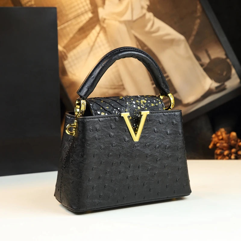 Fashion Genuine Leather Bag Niche Ostrich Print