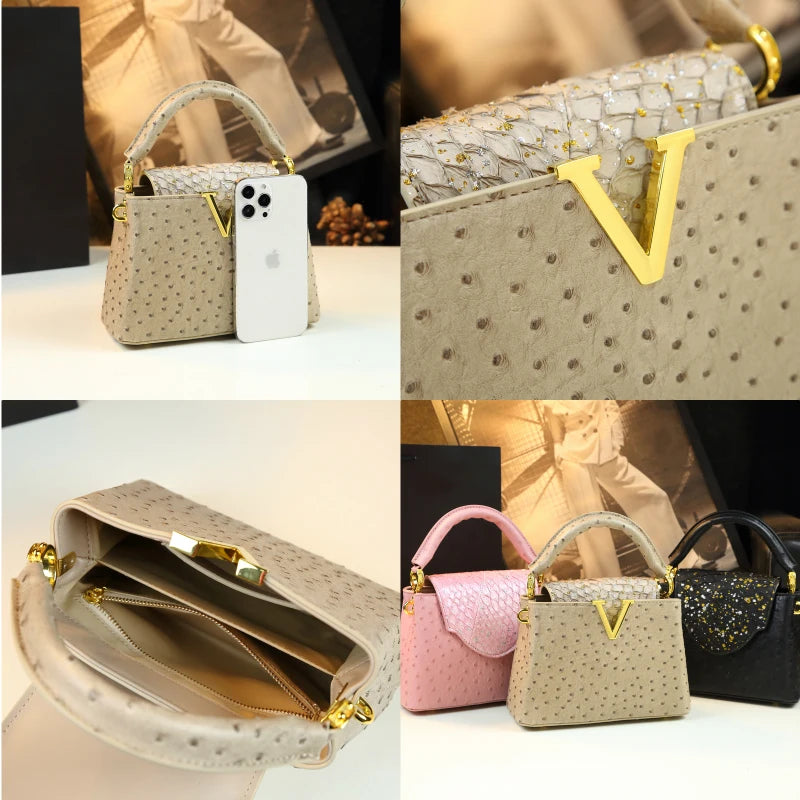 Fashion Genuine Leather Bag Niche Ostrich Print